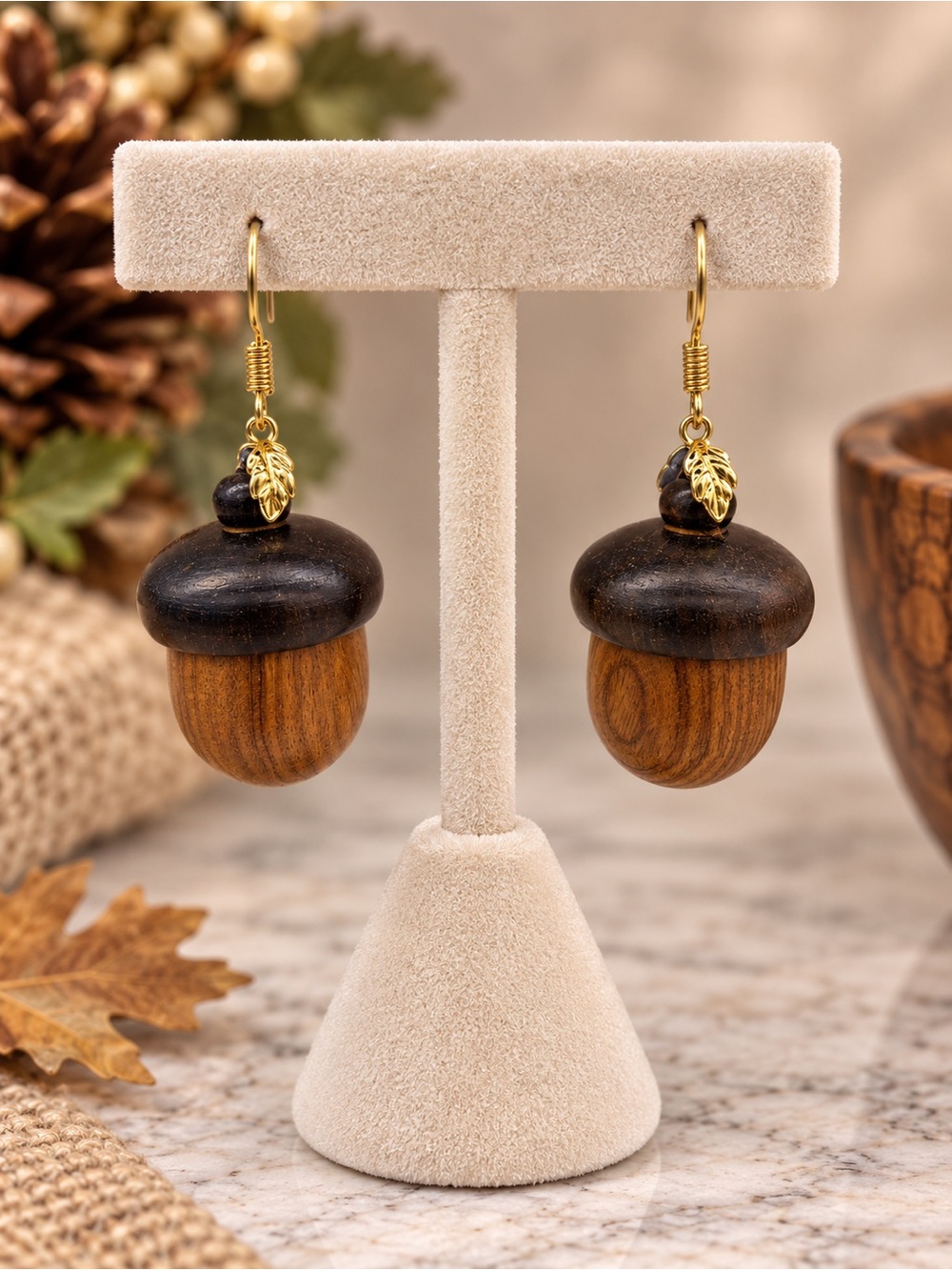 Acorn Dangle Earrings Rustic Wood Twist Open Woodland Fall Statement Jewelry